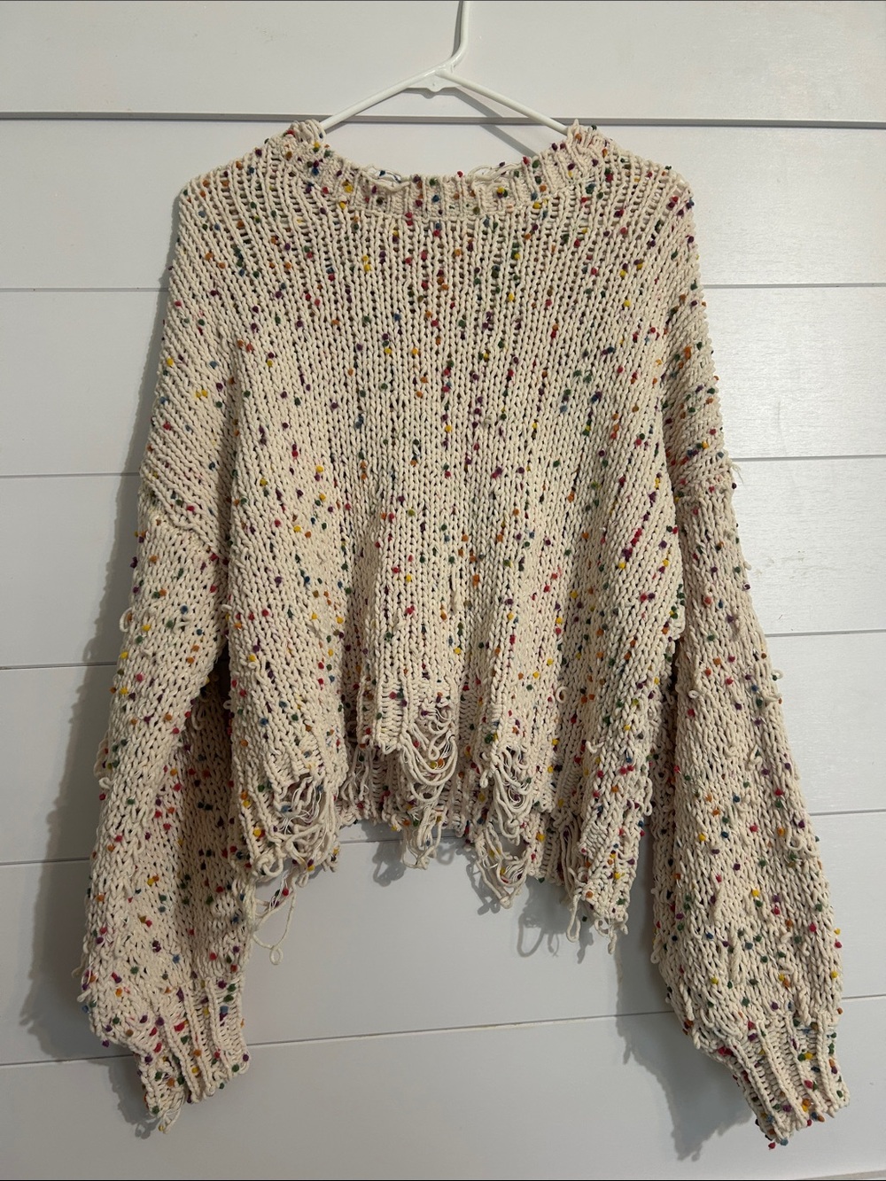 ADORA Cream Speckled Cropped Distressed Knit Sweater